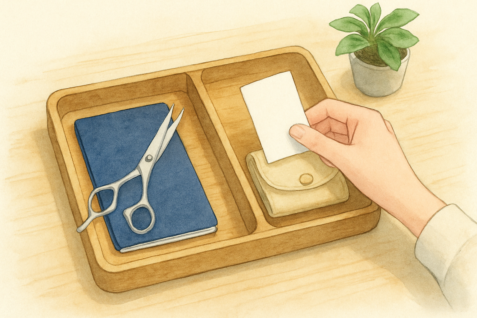 仕切りのある木のトレーに、紺色の通帳とシザー、小さな財布を左右に分けて置き、手がレシートを入れているイラスト