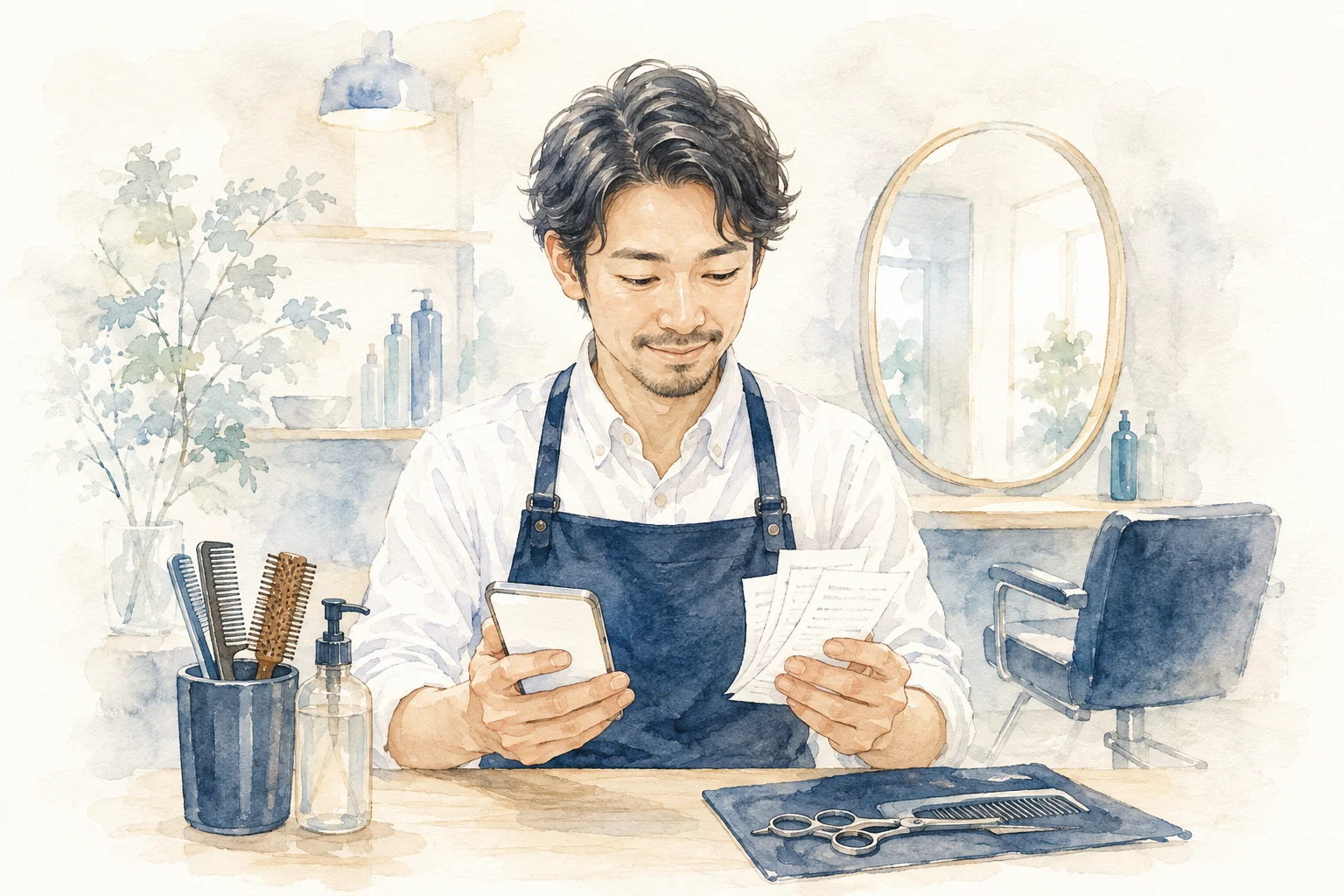 美容師がサロンでスマートフォンとレシートを確認する水彩イラスト