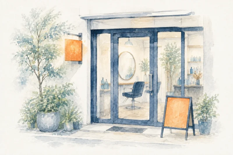 独立・開業を迎える小さな美容室の店先を描いた水彩イラスト